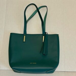 Joy & Iman Teal Green Leather Tote with tassel and gold hardware, classic
